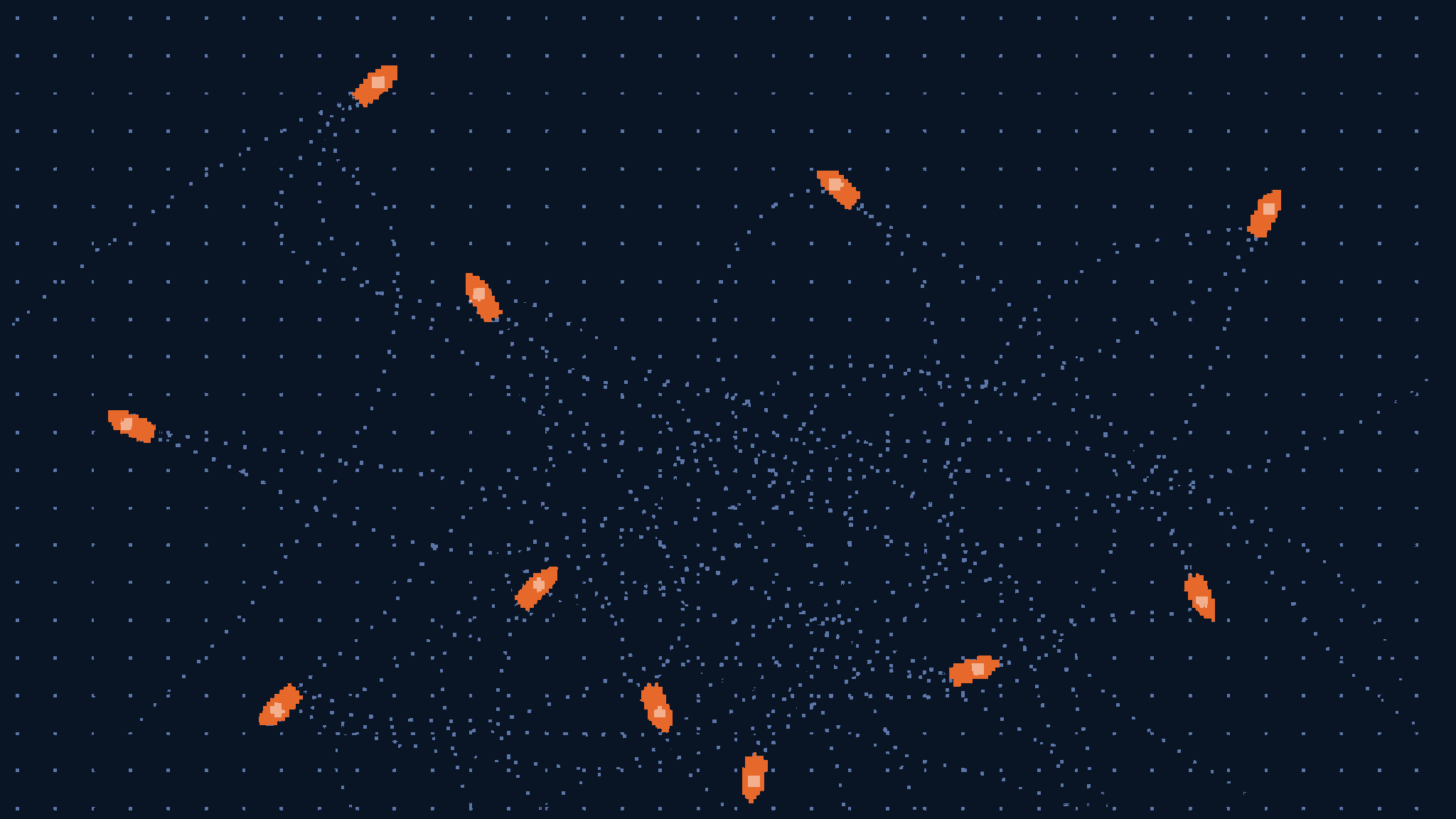 A dark sea seen from directly above. A dozen small orange ships drift in scattered directions, their wakes crossing one another and fading out towards the edges. There is no harbour and no shoreline.